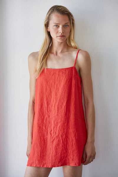 Simple Linen Mini Dress - Chili