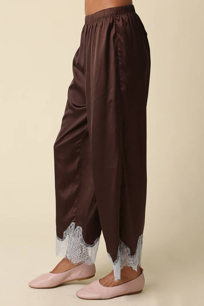 Quinn Lace Trim Satin Pants - Black Taupe