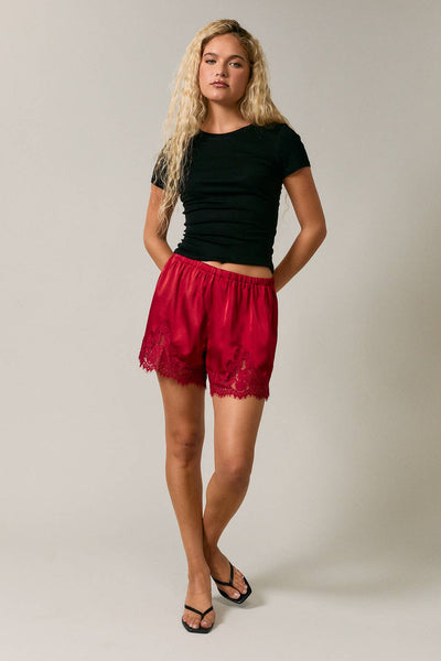 Satin Lace Stretch Shorts - Red