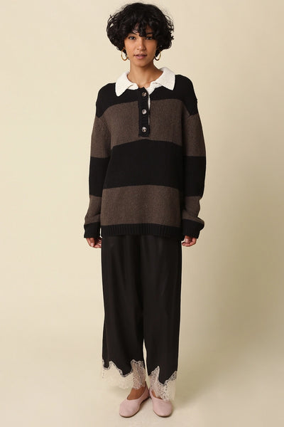 Quinn Lace Trim Satin Pants - Black Taupe