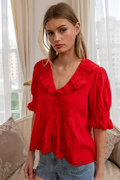 Embroidered Collar Button Blouse