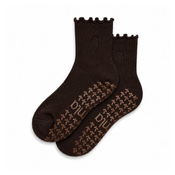 Espresso Brown Ruffle Pilates Grip Socks