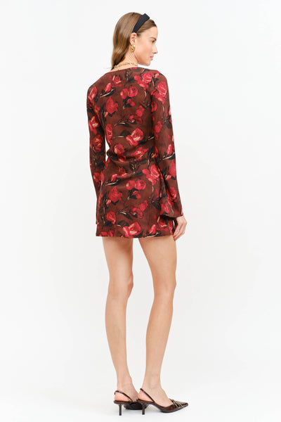 Sofie the Label Palermo Dress in brown floral, detail of rose print