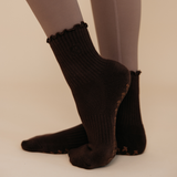 Espresso Brown Ruffle Pilates Grip Socks