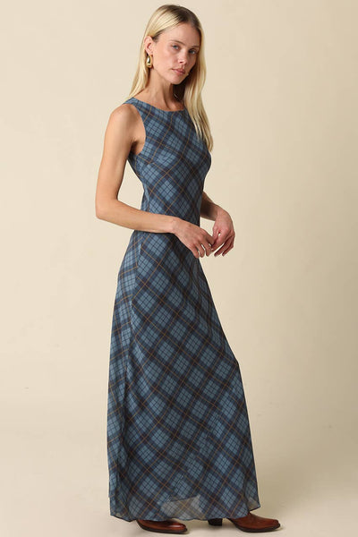 Olivaceous Carole Plaid Mesh Maxi Dress in teal plaid, side view