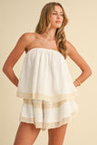 Textured Layered Tube Romper With Lace Trim