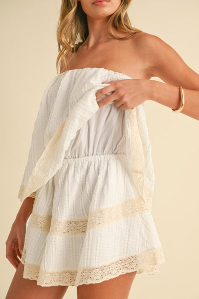 Textured Layered Tube Romper With Lace Trim