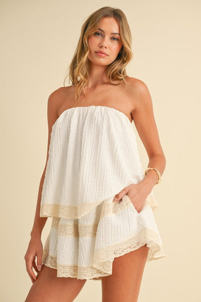 Textured Layered Tube Romper With Lace Trim