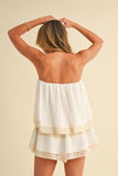 Textured Layered Tube Romper With Lace Trim