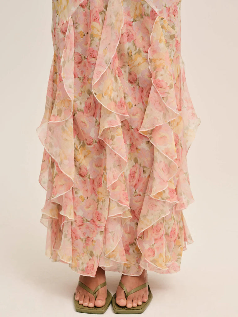 for Love & Lemons Elea Floral Ruffle Open Back Maxi Cocktail Dress in Peach at Nordstrom, Size Medium