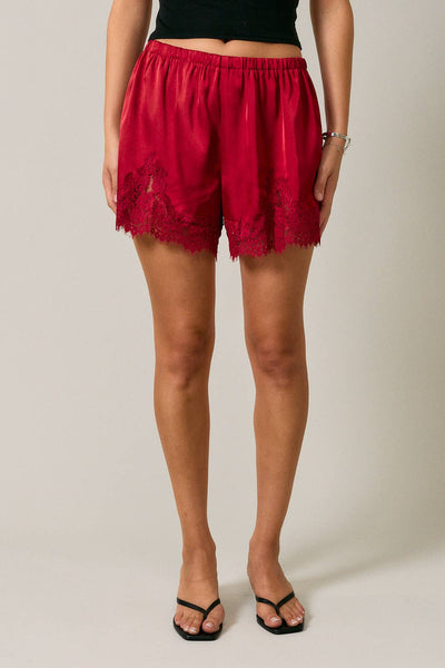 Satin Lace Stretch Shorts - Red