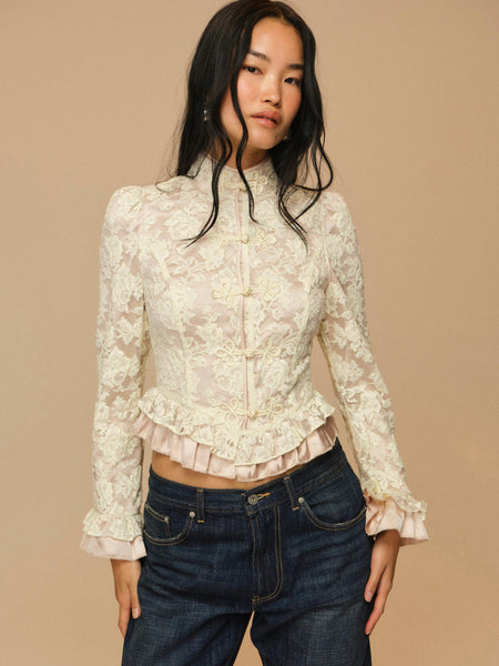 Victorian Lace Military Jacket in Cream, front