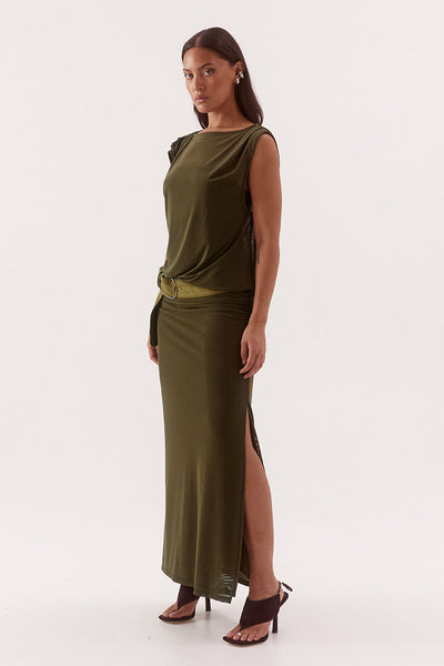 Selen Dress in Olive, side view with split