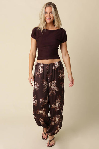 Angela Boat Neck Cinched Tee - Brown