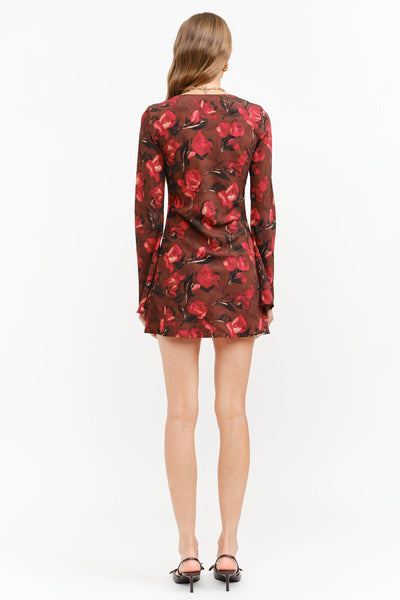 Sofie the Label Palermo Dress in brown floral, boat neckline detail