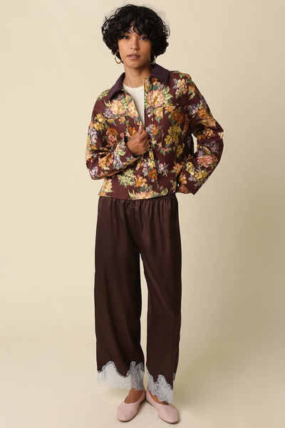 Quinn Lace Trim Satin Pants - Black Taupe
