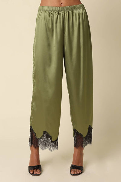 Quinn Satin Pants in Olive Black, front