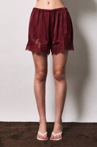 Satin Lace Stretch Shorts - Burgundy