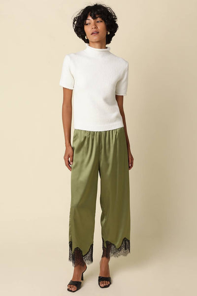 Quinn Satin Pants in Olive Black, styled full length