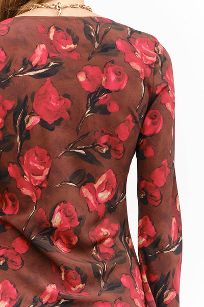 Sofie the Label Palermo Dress in brown floral, seated