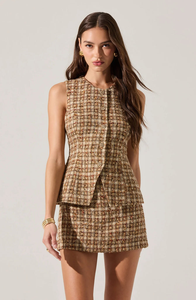 ASTR the Label | Dilone Tweed Vest Mini Dress in Brown Multi | Size M ASTR the Label | Dilone Tweed Vest Mini Dress in Brown Multi | Size M