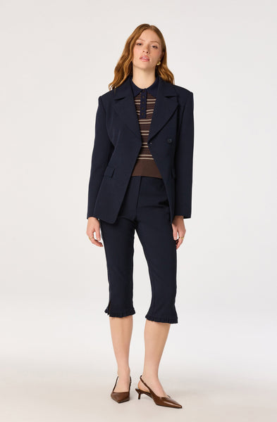 Iris Sweater in brown navy stripe, styled with blazer