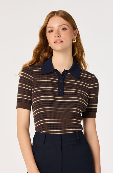 Iris Sweater in brown navy stripe, collar detail