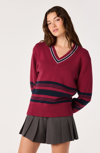 Rocio Striped V-Neck Sweater - Scarlet Navy Stripe, front view