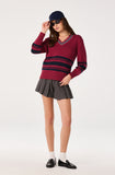 Rocio Striped V-Neck Sweater - Scarlet Navy Stripe, styled with skirt