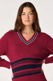 Rocio Striped V-Neck Sweater - Scarlet Navy Stripe, neckline detail