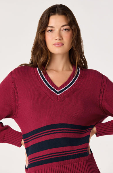 Rocio Striped V-Neck Sweater - Scarlet Navy Stripe, neckline detail