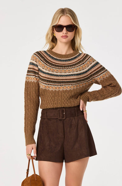 Daria Fair Isle Cable Knit Sweater - Camel, front view