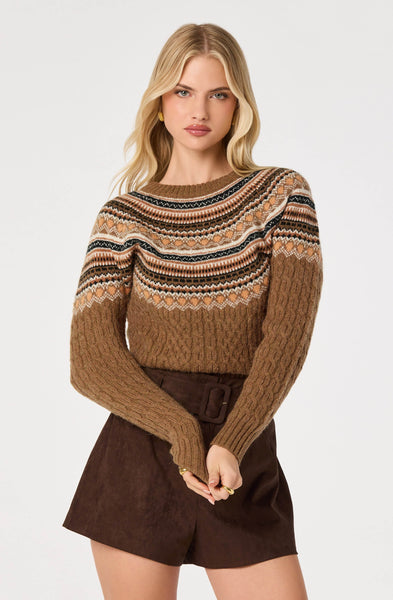 Daria Fair Isle Cable Knit Sweater - Camel, back view