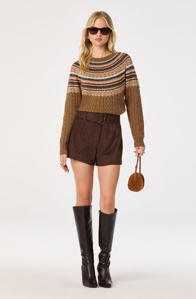 Daria Fair Isle Cable Knit Sweater - Camel, styled with purse