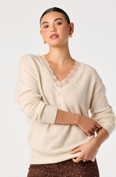 Jadyn Lace-Trim V-Neck Sweater in Ivory - front