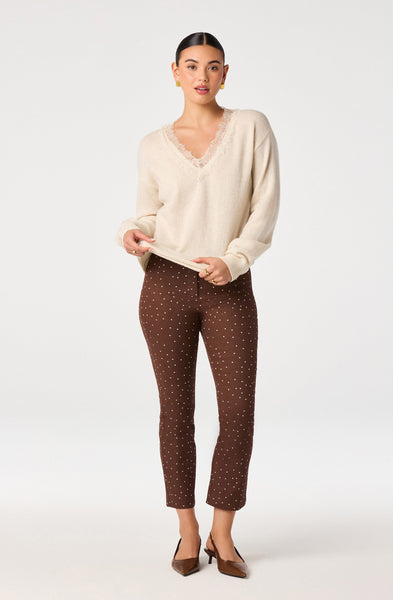 Jadyn Lace-Trim V-Neck Sweater in Ivory - styled
