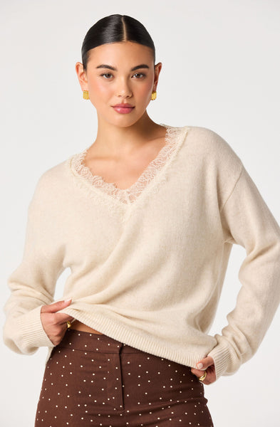 Jadyn Lace-Trim V-Neck Sweater in Ivory - styled 2