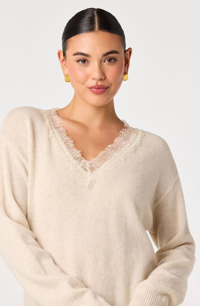 Jadyn Lace-Trim V-Neck Sweater in Ivory - neckline detail