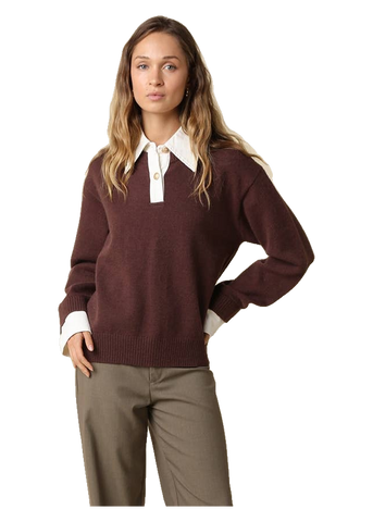 Alina Rugby Collar Knit Sweater in chocolate brown