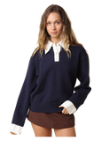 Alina Rugby Collar Knit Sweater in navy and off white