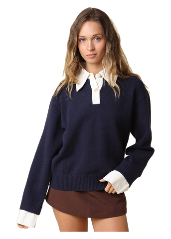 Alina Rugby Collar Knit Sweater in navy and off white