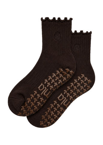 Espresso Brown Ruffle Pilates Grip Socks