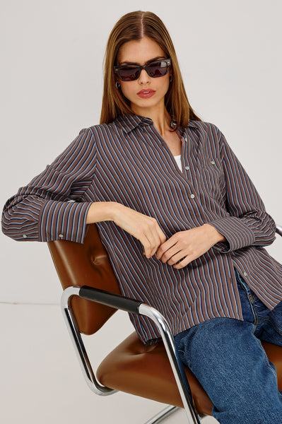 Beck Shirt in Hickory Indigo Stripe, seated detail