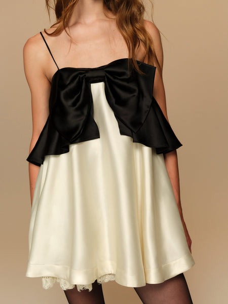Elena Mini Dress in Cream, bow detail