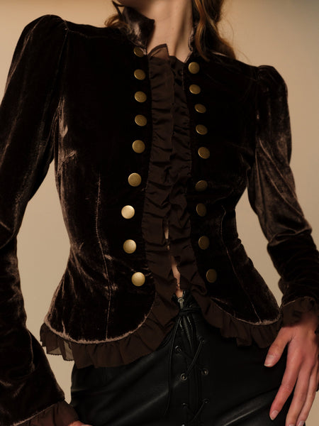 Heirloom Velvet Military Jacket in Brown, button detail