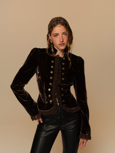 Heirloom Velvet Military Jacket in Brown, front