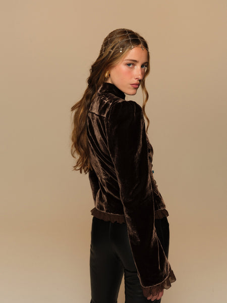 Heirloom Velvet Military Jacket in Brown, back view