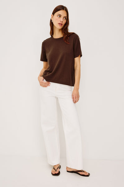 Cotton Cashmere Short Sleeve Tee in espresso, front detail