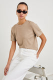 Cotton Cashmere Short Sleeve Tee in heather oat, styled seated