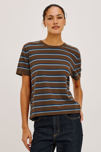 Cotton Cashmere T-Shirt in Mocha Stripe - front